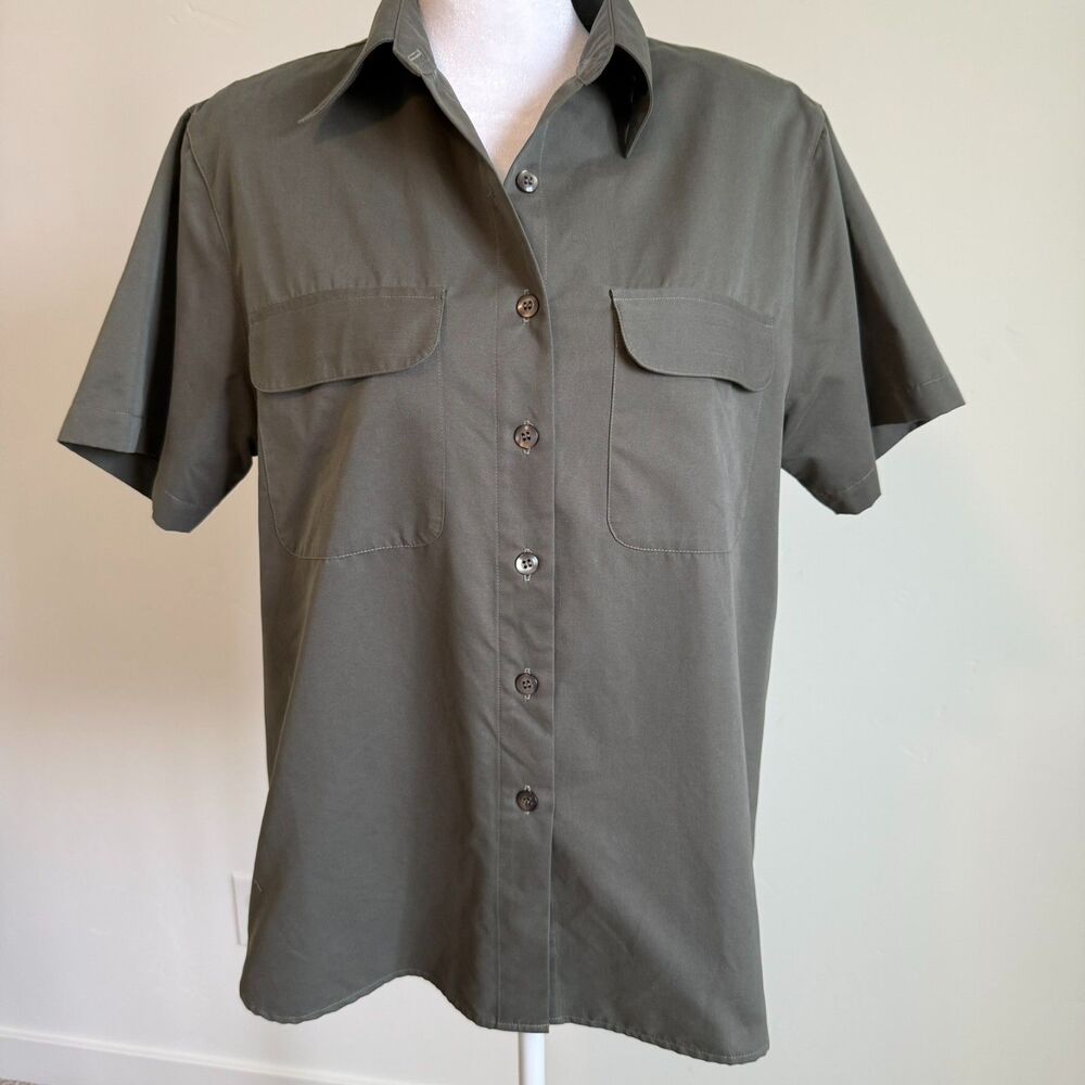 Christopher & Banks Button Up Olive Green Short Sleeve Preppy Classy Shirt Sz M